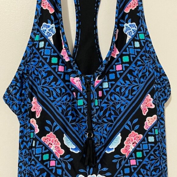 Beach House Swim Tankini Top Blue Pink Floral Zip Front Racerback Size 6 - Picture 3 of 7